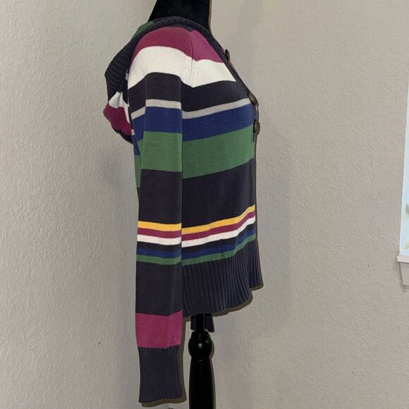 Vtg Y2K Aeropostale Sweater Womens Large Multicolor Striped Henley Neck Hooded - Picture 2 of 8